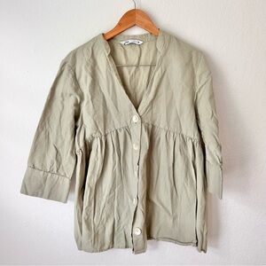 Zara Sage Green Linen Blend Baby Doll Button Down Top Sz M